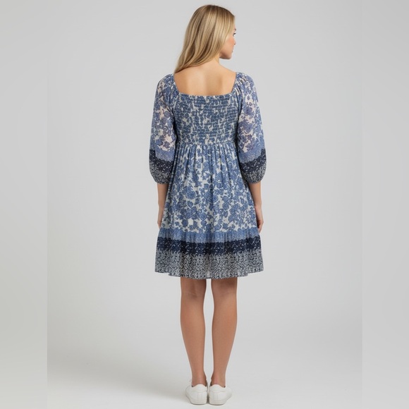 Taylor shirred Babydoll tiered flowy dress Baloon Sleeves blue & white floral 16 - Picture 2 of 16